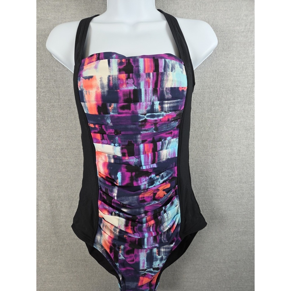 Calvin Klein Monet Pleated One Piece Swimsuit Black Purple Multi Bathing Suit 10